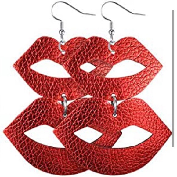 3/$15 Metallic Red Lips Faux Leather Earrings - Picture 2 of 5